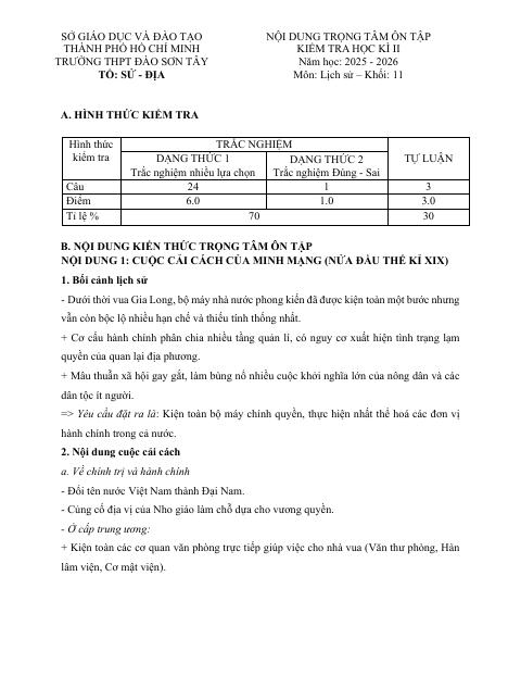 Đề cương ôn tập Học kì 2 Lịch sử 11 năm 2025–2026 trường THPT Đào Sơn Tây (TP Hồ Chí Minh)